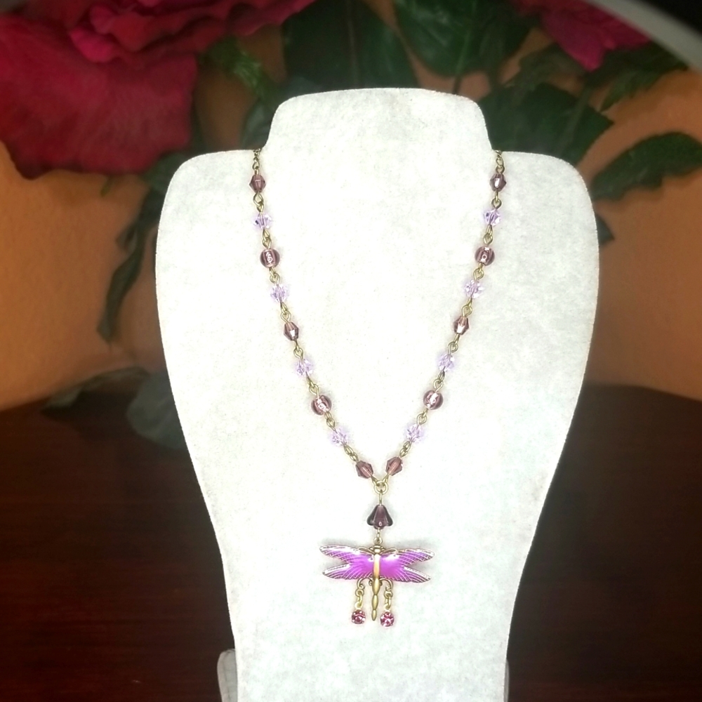 🟣 Dragonfly Purple Handmade Vintage Crystal Beaded Hand Painted Brass Necklace